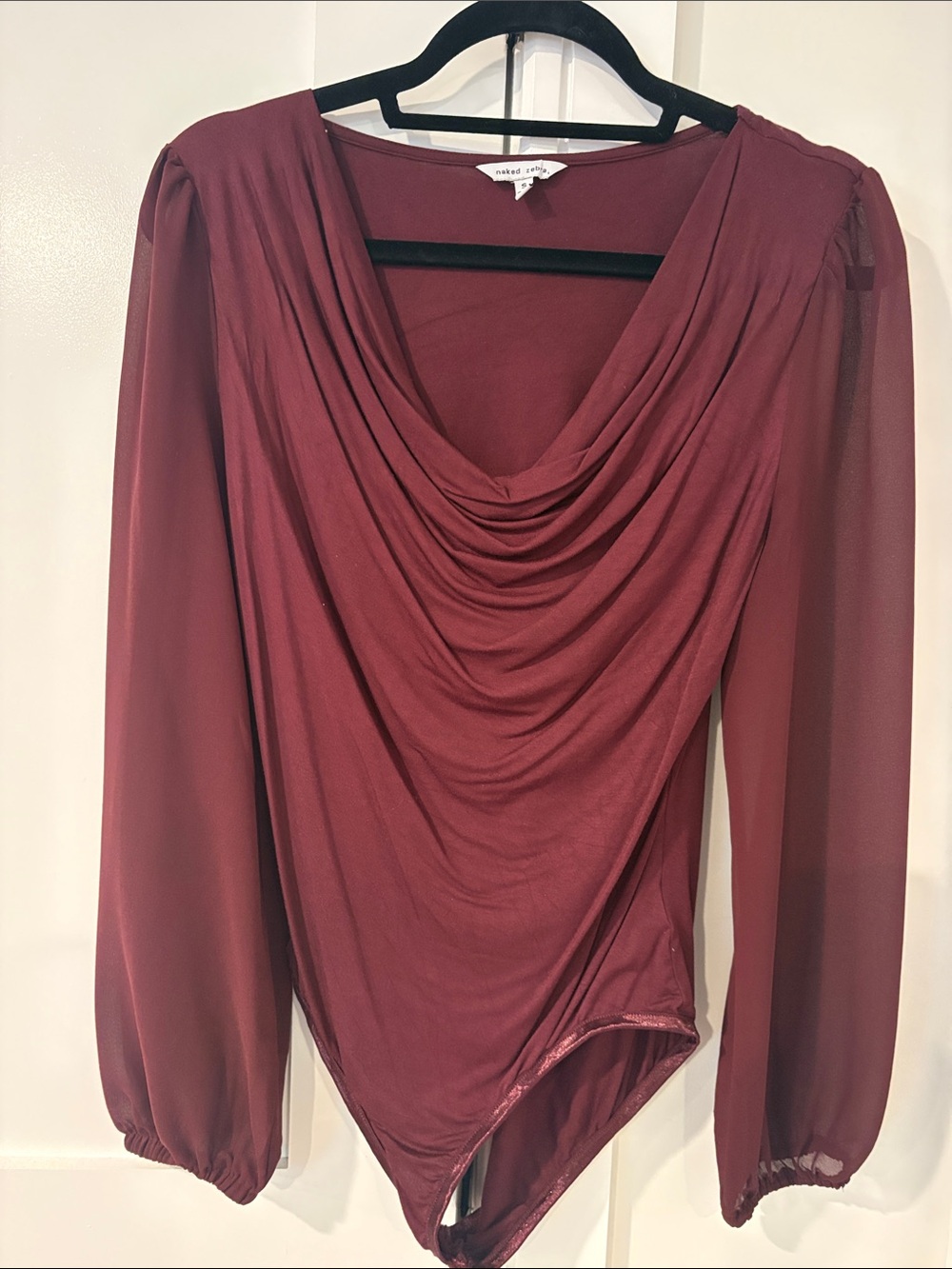 Naked Zebra Woman’s Burgundy Draped Cowl Long-Sheer Sleeve Bodysuit Size Small